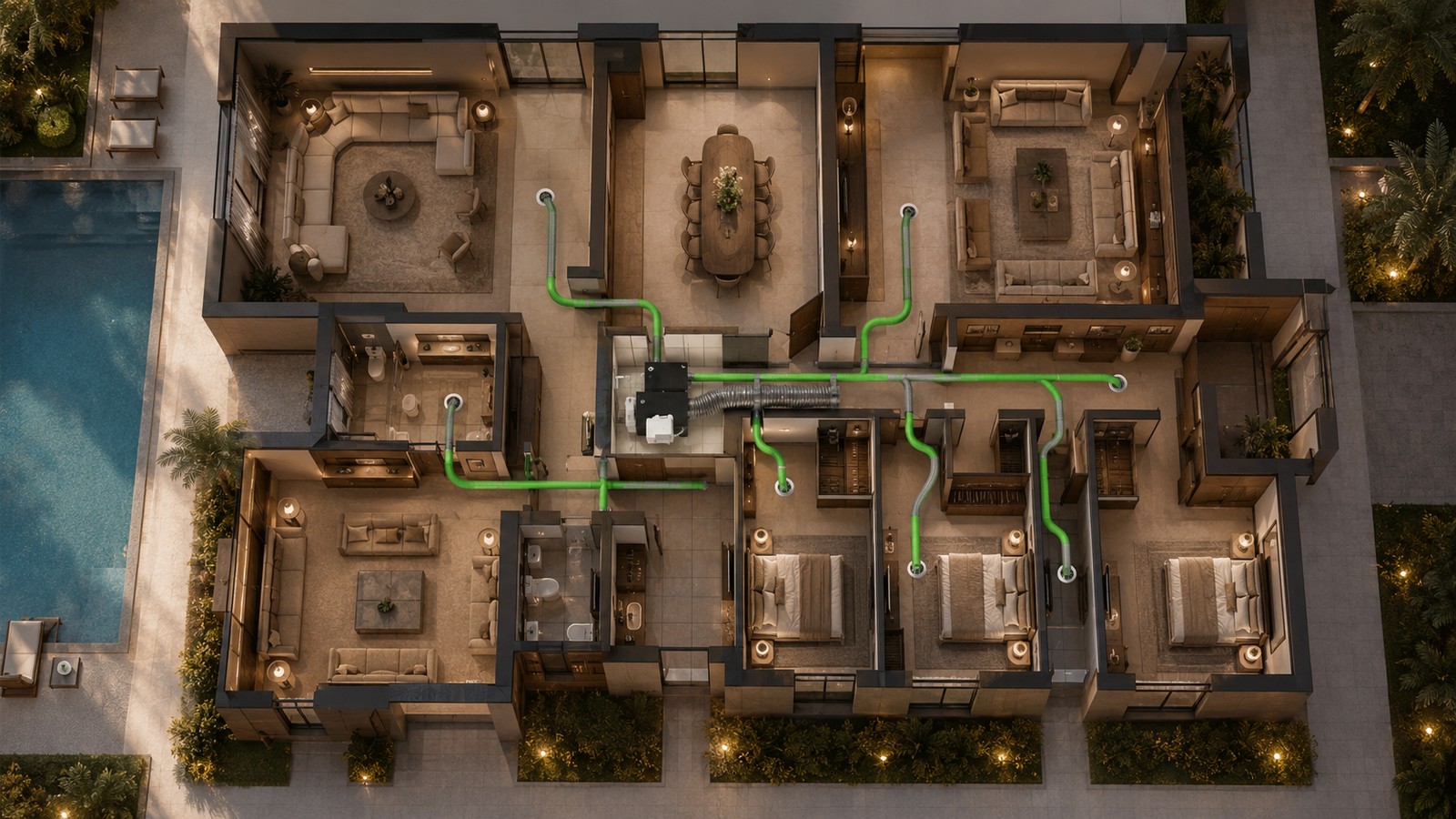 Top-down villa plan with concealed ATHAR CENTRAL routing